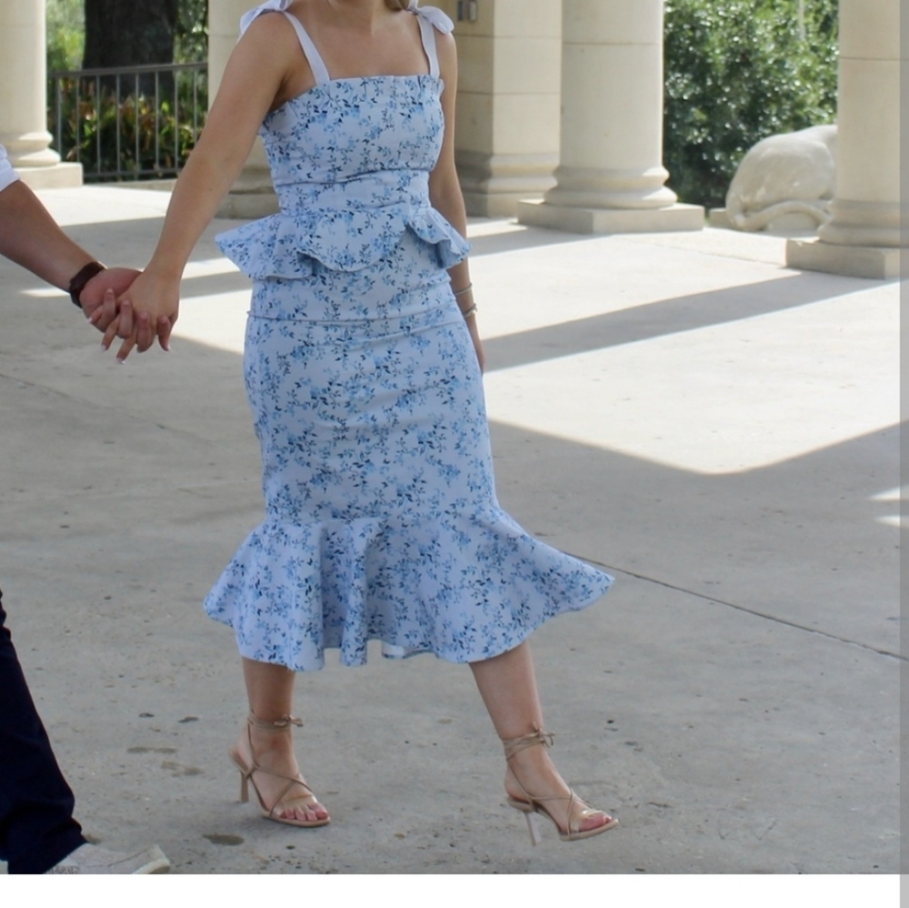 Blue Floral Peplum Midi Dress with Ruffle Hem